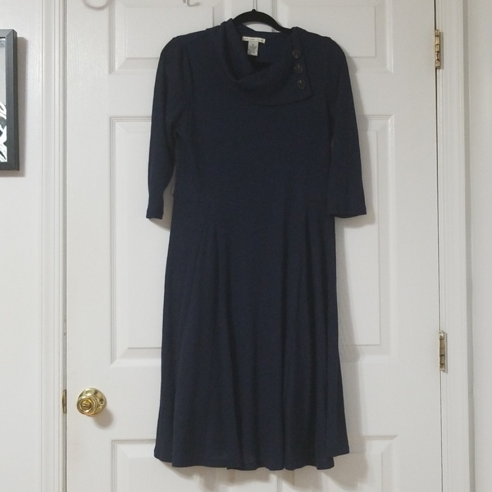 Amanda Lane Navy Ribbed Turtleneck Midsleeve Dress